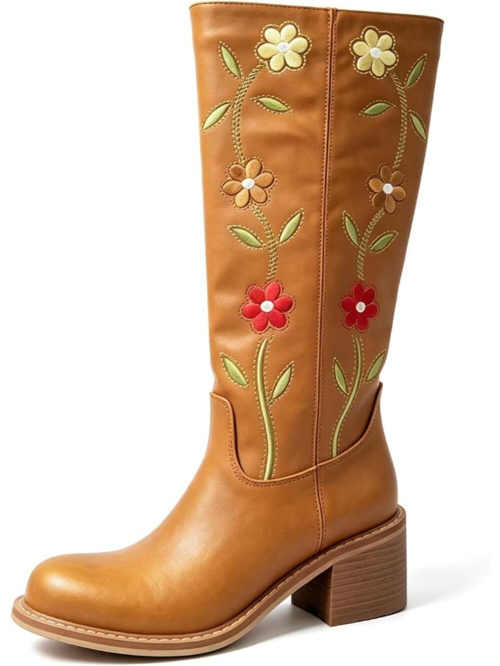 🆕Women's Tan Floral Embroidered Western Cowboy Boots Mid Calf Square Heel
